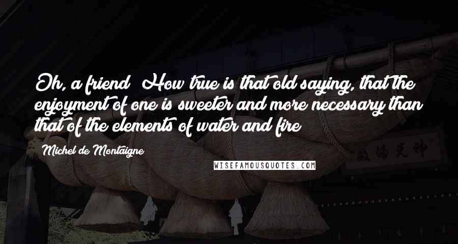 Michel De Montaigne Quotes: Oh, a friend! How true is that old saying, that the enjoyment of one is sweeter and more necessary than that of the elements of water and fire!