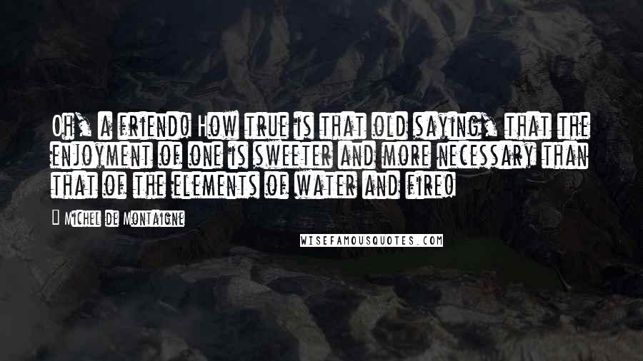 Michel De Montaigne Quotes: Oh, a friend! How true is that old saying, that the enjoyment of one is sweeter and more necessary than that of the elements of water and fire!