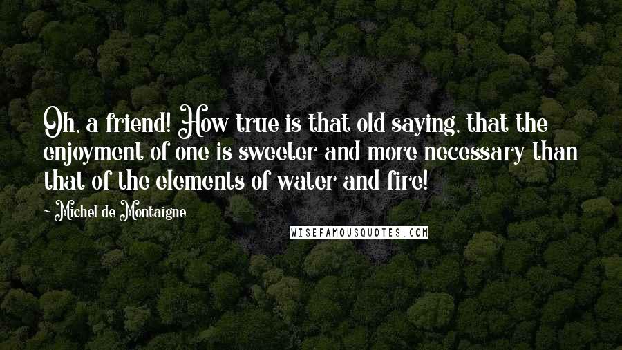 Michel De Montaigne Quotes: Oh, a friend! How true is that old saying, that the enjoyment of one is sweeter and more necessary than that of the elements of water and fire!