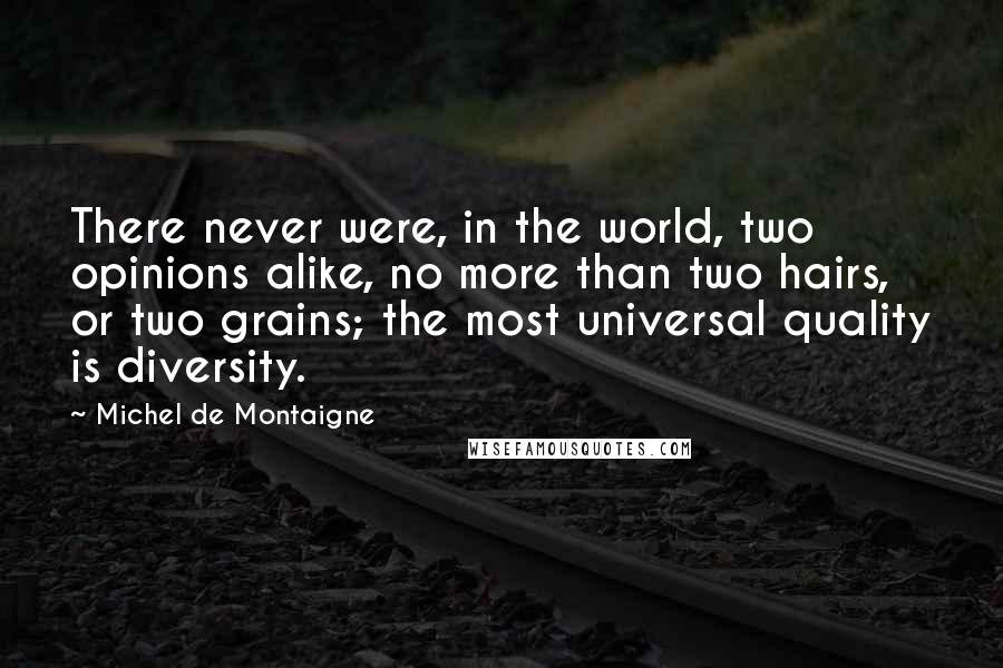 Michel De Montaigne Quotes: There never were, in the world, two opinions alike, no more than two hairs, or two grains; the most universal quality is diversity.