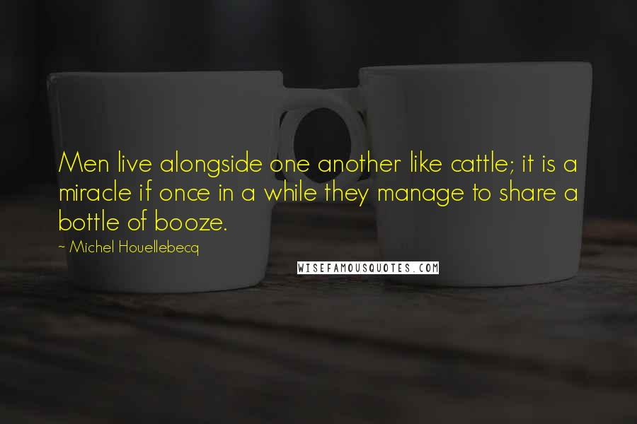 Michel Houellebecq Quotes: Men live alongside one another like cattle; it is a miracle if once in a while they manage to share a bottle of booze.