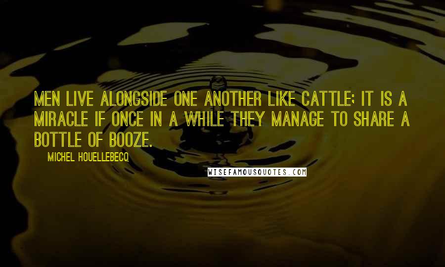 Michel Houellebecq Quotes: Men live alongside one another like cattle; it is a miracle if once in a while they manage to share a bottle of booze.