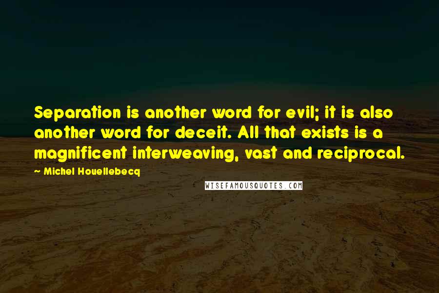 Michel Houellebecq Quotes: Separation is another word for evil; it is also another word for deceit. All that exists is a magnificent interweaving, vast and reciprocal.