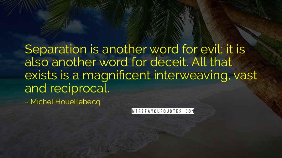 Michel Houellebecq Quotes: Separation is another word for evil; it is also another word for deceit. All that exists is a magnificent interweaving, vast and reciprocal.