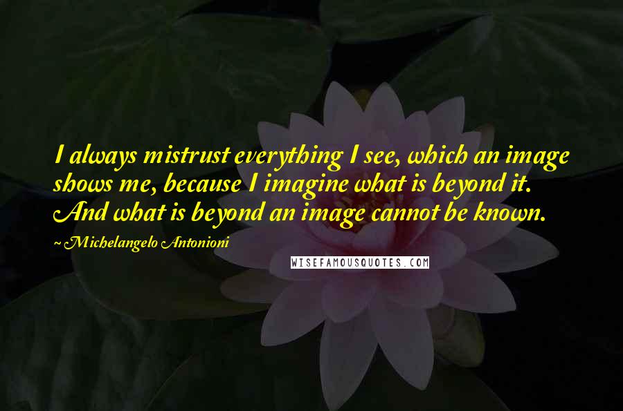 Michelangelo Antonioni Quotes: I always mistrust everything I see, which an image shows me, because I imagine what is beyond it. And what is beyond an image cannot be known.