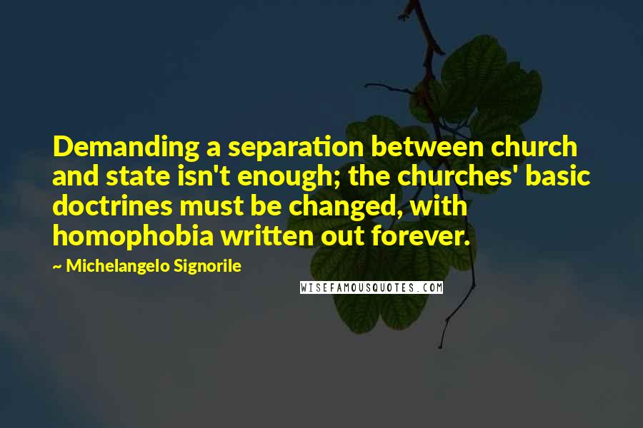 Michelangelo Signorile Quotes: Demanding a separation between church and state isn't enough; the churches' basic doctrines must be changed, with homophobia written out forever.