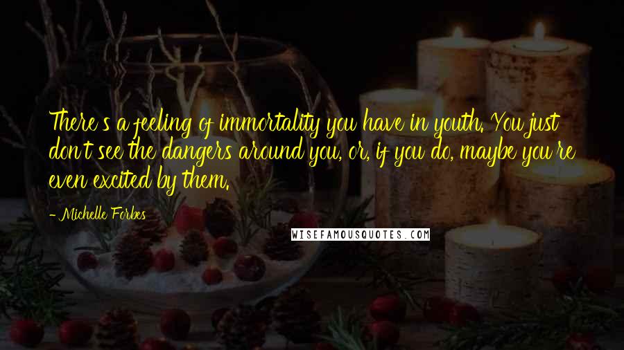 Michelle Forbes Quotes: There's a feeling of immortality you have in youth. You just don't see the dangers around you, or, if you do, maybe you're even excited by them.