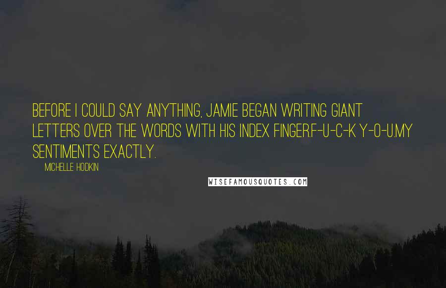 Michelle Hodkin Quotes: Before I could say anything, Jamie began writing giant letters over the words with his index finger.F-U-C-K Y-O-U.My sentiments exactly.