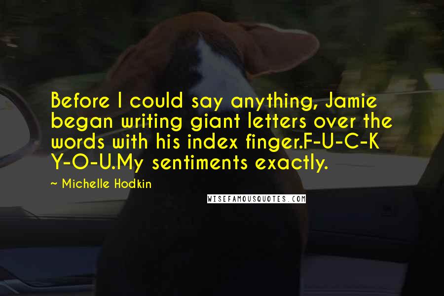 Michelle Hodkin Quotes: Before I could say anything, Jamie began writing giant letters over the words with his index finger.F-U-C-K Y-O-U.My sentiments exactly.