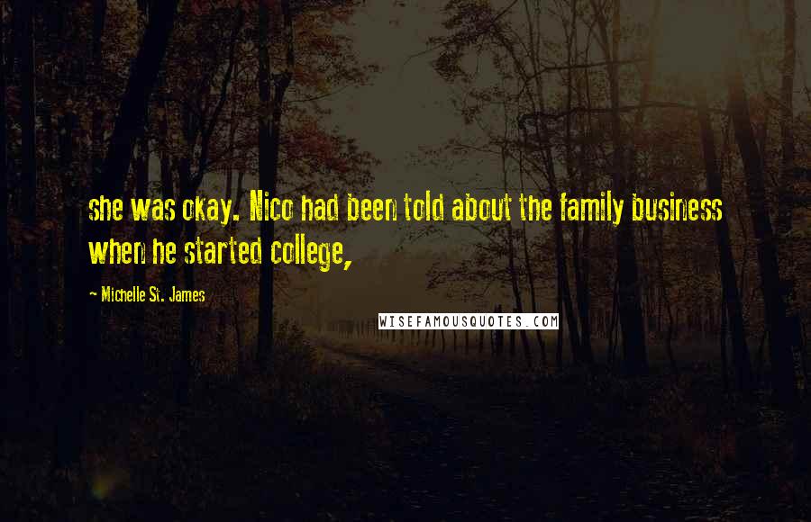 Michelle St. James Quotes: she was okay. Nico had been told about the family business when he started college,