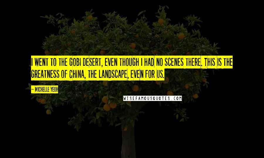 Michelle Yeoh Quotes: I went to the Gobi Desert, even though I had no scenes there. This is the greatness of China, the landscape, even for us.