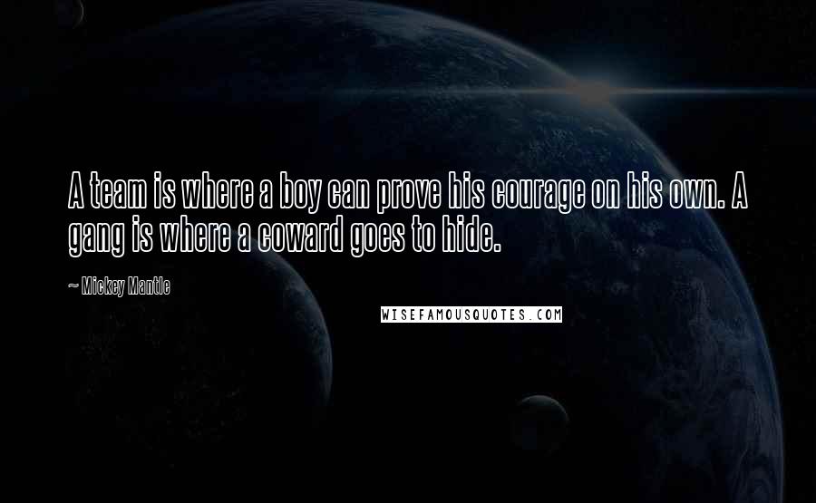 Mickey Mantle Quotes: A team is where a boy can prove his courage on his own. A gang is where a coward goes to hide.