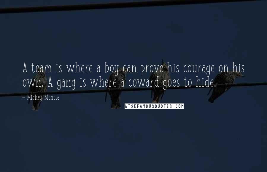 Mickey Mantle Quotes: A team is where a boy can prove his courage on his own. A gang is where a coward goes to hide.