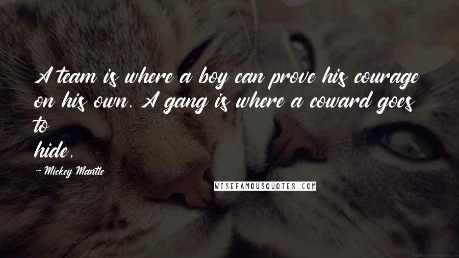 Mickey Mantle Quotes: A team is where a boy can prove his courage on his own. A gang is where a coward goes to hide.