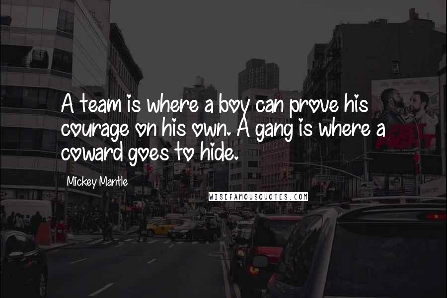 Mickey Mantle Quotes: A team is where a boy can prove his courage on his own. A gang is where a coward goes to hide.