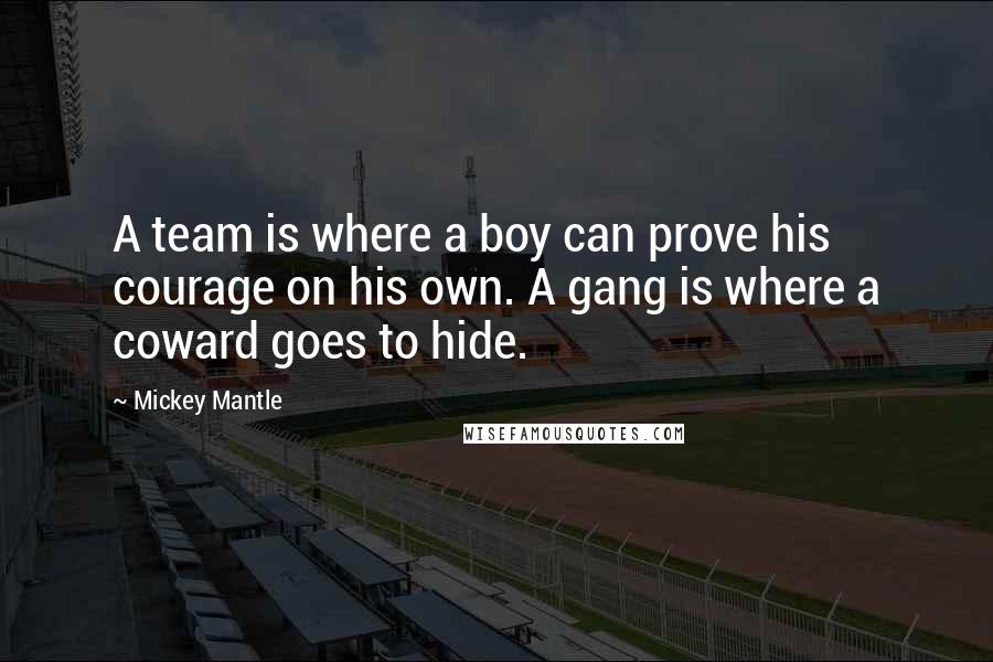 Mickey Mantle Quotes: A team is where a boy can prove his courage on his own. A gang is where a coward goes to hide.
