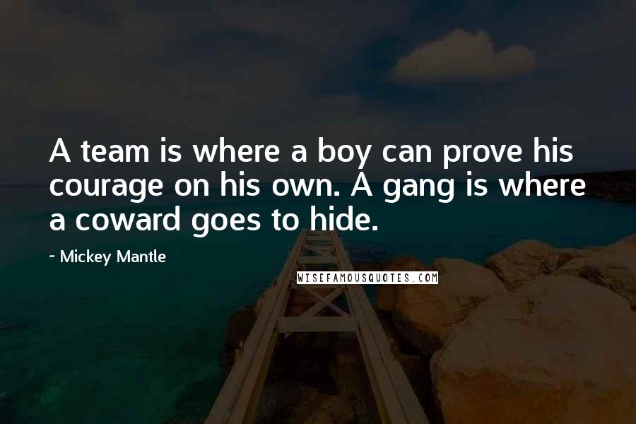 Mickey Mantle Quotes: A team is where a boy can prove his courage on his own. A gang is where a coward goes to hide.