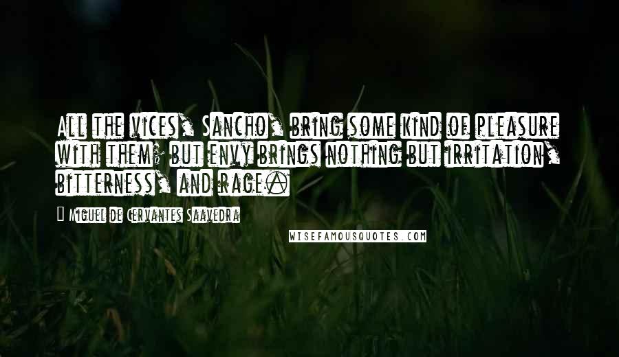 Miguel De Cervantes Saavedra Quotes: All the vices, Sancho, bring some kind of pleasure with them; but envy brings nothing but irritation, bitterness, and rage.