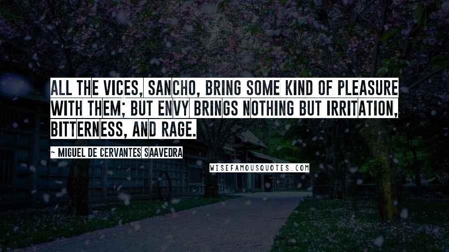 Miguel De Cervantes Saavedra Quotes: All the vices, Sancho, bring some kind of pleasure with them; but envy brings nothing but irritation, bitterness, and rage.