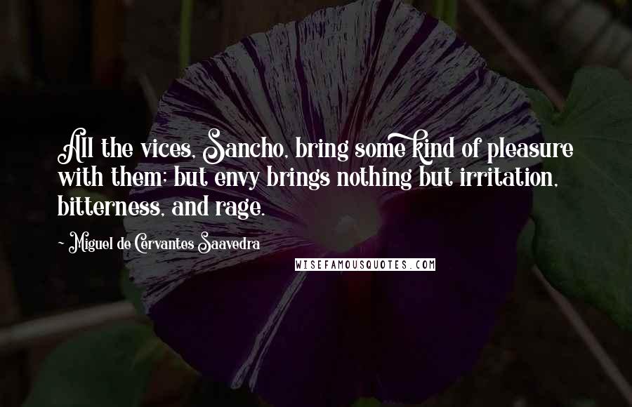 Miguel De Cervantes Saavedra Quotes: All the vices, Sancho, bring some kind of pleasure with them; but envy brings nothing but irritation, bitterness, and rage.