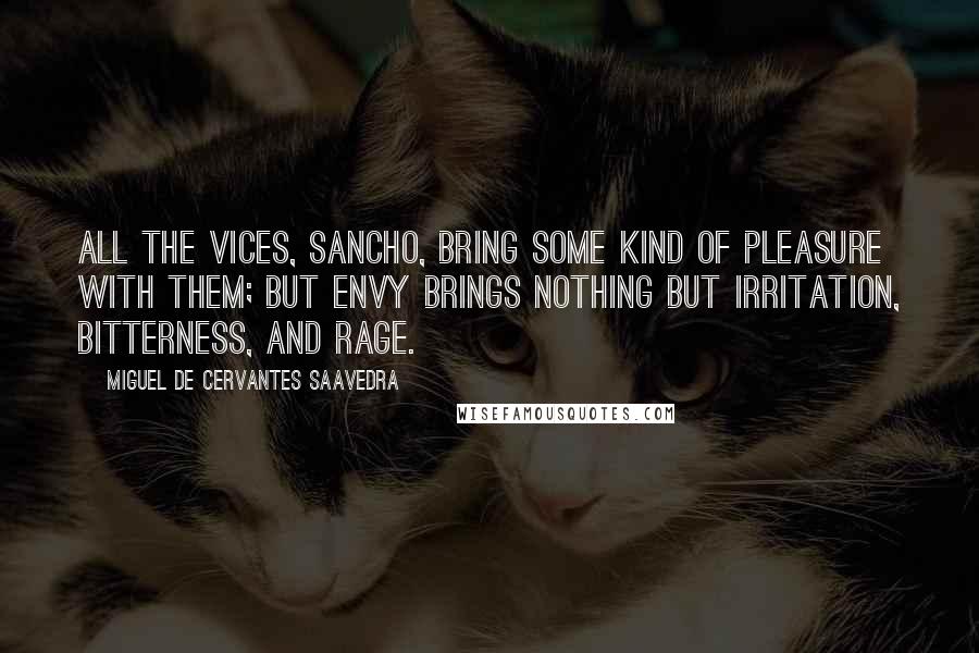 Miguel De Cervantes Saavedra Quotes: All the vices, Sancho, bring some kind of pleasure with them; but envy brings nothing but irritation, bitterness, and rage.