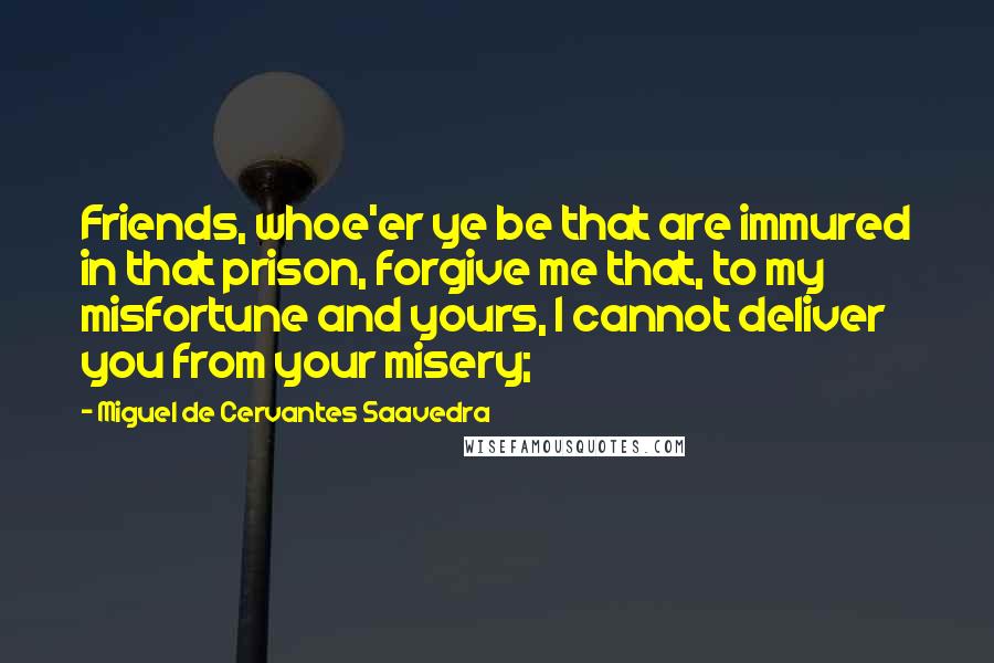 Miguel De Cervantes Saavedra Quotes: Friends, whoe'er ye be that are immured in that prison, forgive me that, to my misfortune and yours, I cannot deliver you from your misery;
