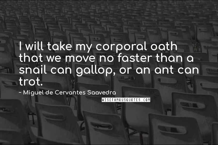 Miguel De Cervantes Saavedra Quotes: I will take my corporal oath that we move no faster than a snail can gallop, or an ant can trot.