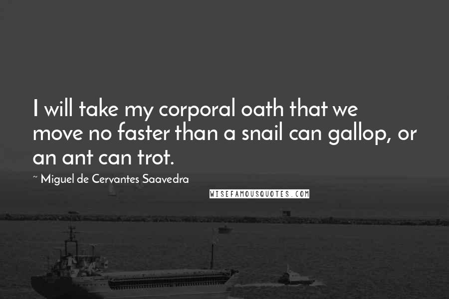 Miguel De Cervantes Saavedra Quotes: I will take my corporal oath that we move no faster than a snail can gallop, or an ant can trot.