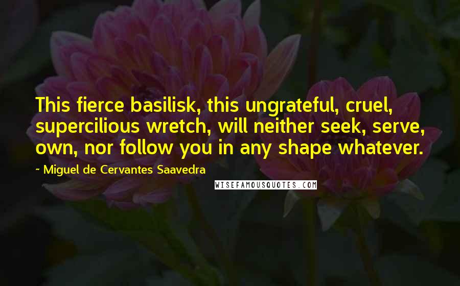 Miguel De Cervantes Saavedra Quotes: This fierce basilisk, this ungrateful, cruel, supercilious wretch, will neither seek, serve, own, nor follow you in any shape whatever.