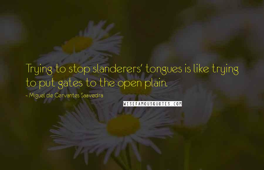 Miguel De Cervantes Saavedra Quotes: Trying to stop slanderers' tongues is like trying to put gates to the open plain.