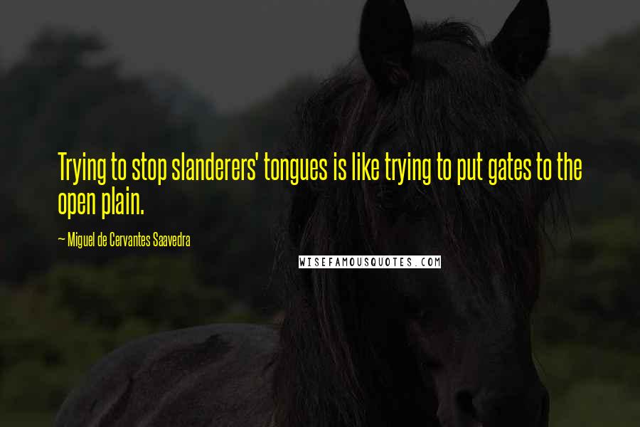 Miguel De Cervantes Saavedra Quotes: Trying to stop slanderers' tongues is like trying to put gates to the open plain.