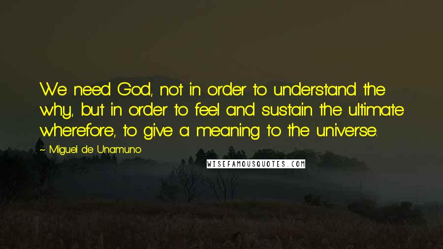 Miguel De Unamuno Quotes: We need God, not in order to understand the why, but in order to feel and sustain the ultimate wherefore, to give a meaning to the universe.