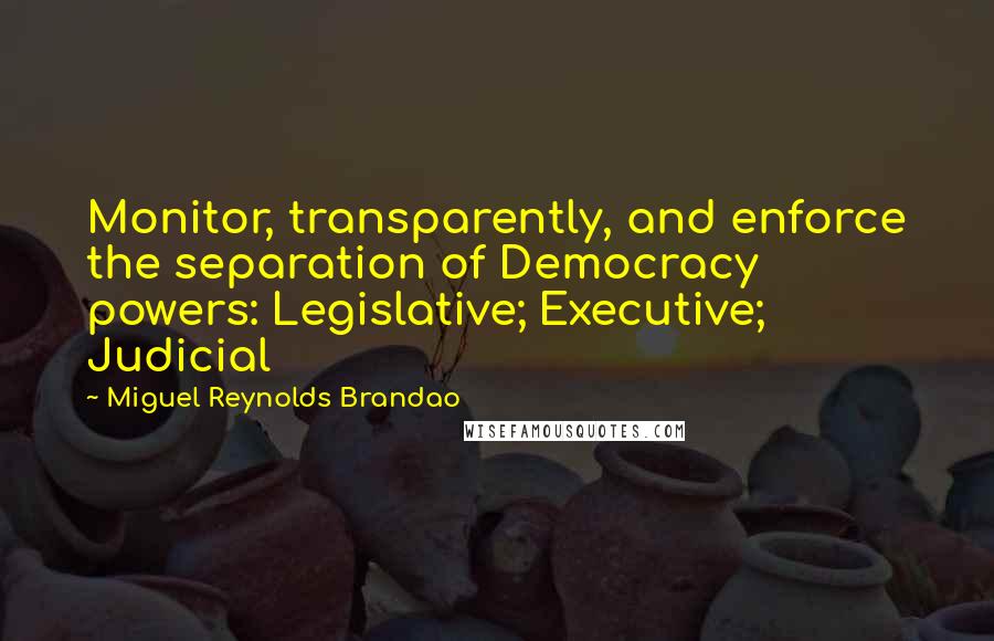 Miguel Reynolds Brandao Quotes: Monitor, transparently, and enforce the separation of Democracy powers: Legislative; Executive; Judicial