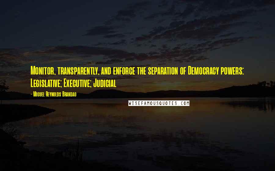 Miguel Reynolds Brandao Quotes: Monitor, transparently, and enforce the separation of Democracy powers: Legislative; Executive; Judicial