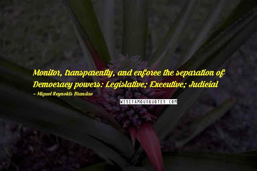 Miguel Reynolds Brandao Quotes: Monitor, transparently, and enforce the separation of Democracy powers: Legislative; Executive; Judicial