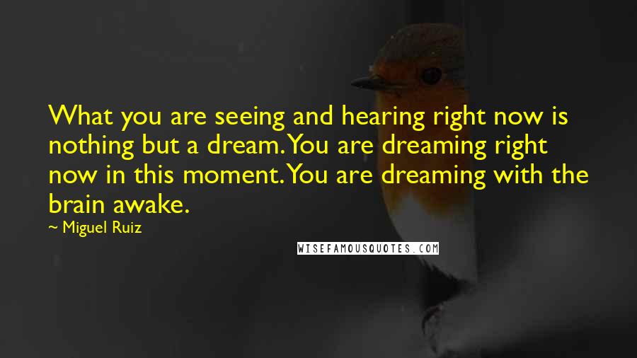 Miguel Ruiz Quotes: What you are seeing and hearing right now is nothing but a dream. You are dreaming right now in this moment. You are dreaming with the brain awake.