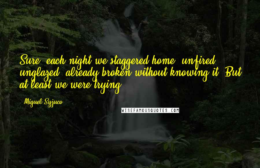 Miguel Syjuco Quotes: Sure, each night we staggered home, unfired, unglazed, already broken without knowing it. But at least we were trying.