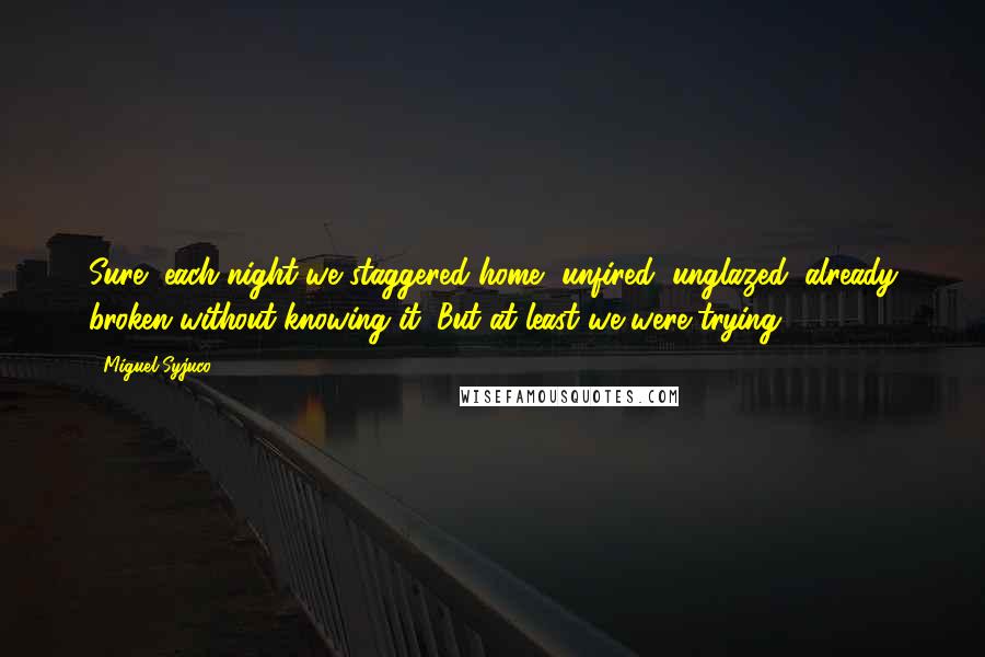 Miguel Syjuco Quotes: Sure, each night we staggered home, unfired, unglazed, already broken without knowing it. But at least we were trying.