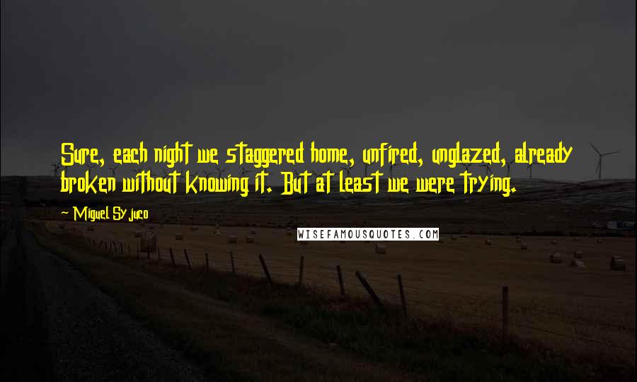 Miguel Syjuco Quotes: Sure, each night we staggered home, unfired, unglazed, already broken without knowing it. But at least we were trying.