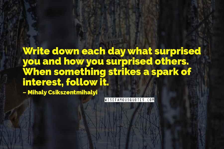 Mihaly Csikszentmihalyi Quotes: Write down each day what surprised you and how you surprised others. When something strikes a spark of interest, follow it.