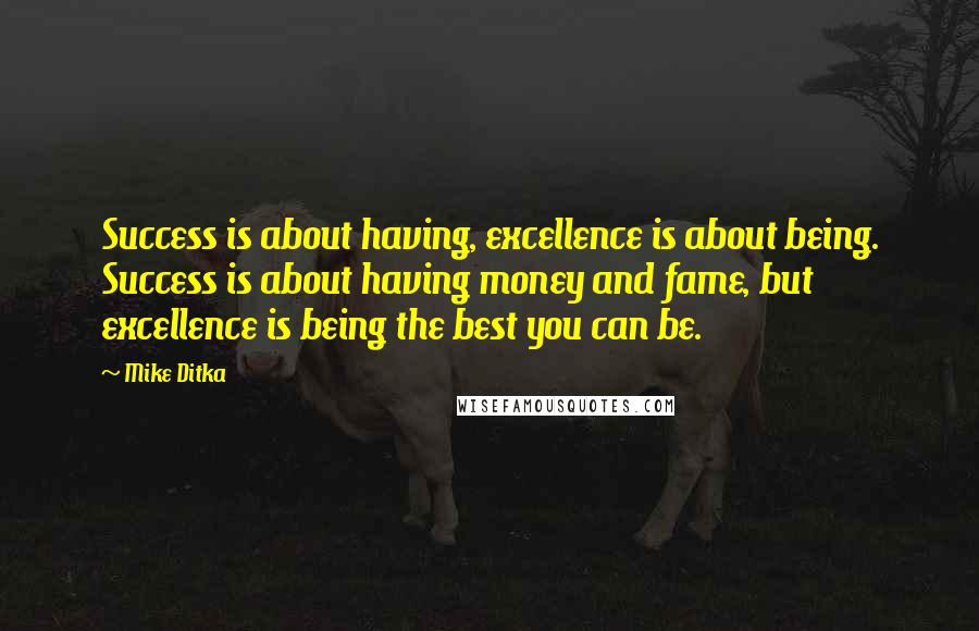 Mike Ditka Quotes: Success is about having, excellence is about being. Success is about having money and fame, but excellence is being the best you can be.