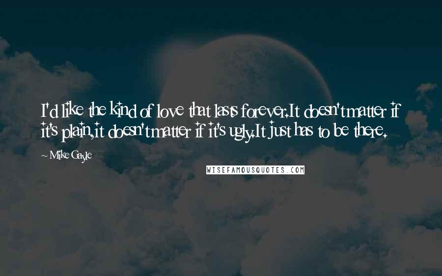 Mike Gayle Quotes: I'd like the kind of love that lasts forever.It doesn't matter if it's plain,it doesn't matter if it's ugly.It just has to be there.