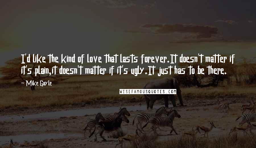 Mike Gayle Quotes: I'd like the kind of love that lasts forever.It doesn't matter if it's plain,it doesn't matter if it's ugly.It just has to be there.