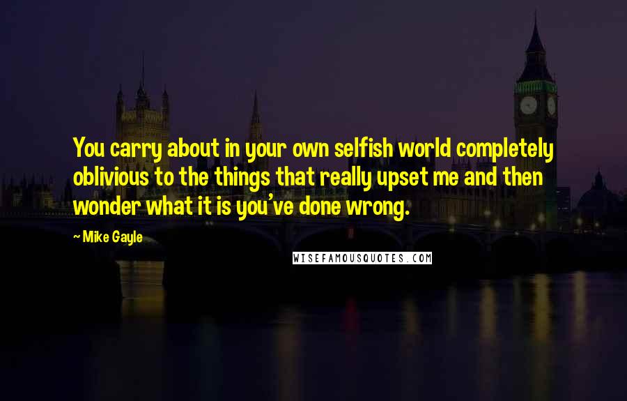 Mike Gayle Quotes: You carry about in your own selfish world completely oblivious to the things that really upset me and then wonder what it is you've done wrong.