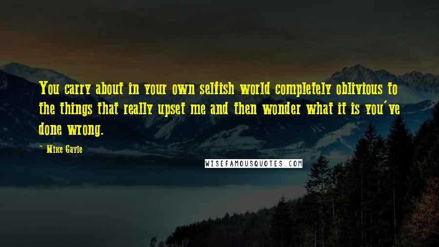 Mike Gayle Quotes: You carry about in your own selfish world completely oblivious to the things that really upset me and then wonder what it is you've done wrong.