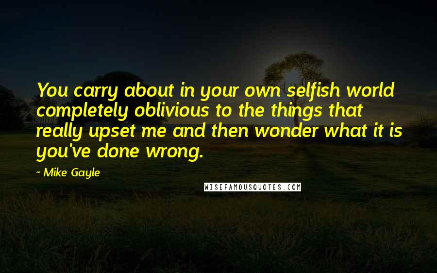 Mike Gayle Quotes: You carry about in your own selfish world completely oblivious to the things that really upset me and then wonder what it is you've done wrong.
