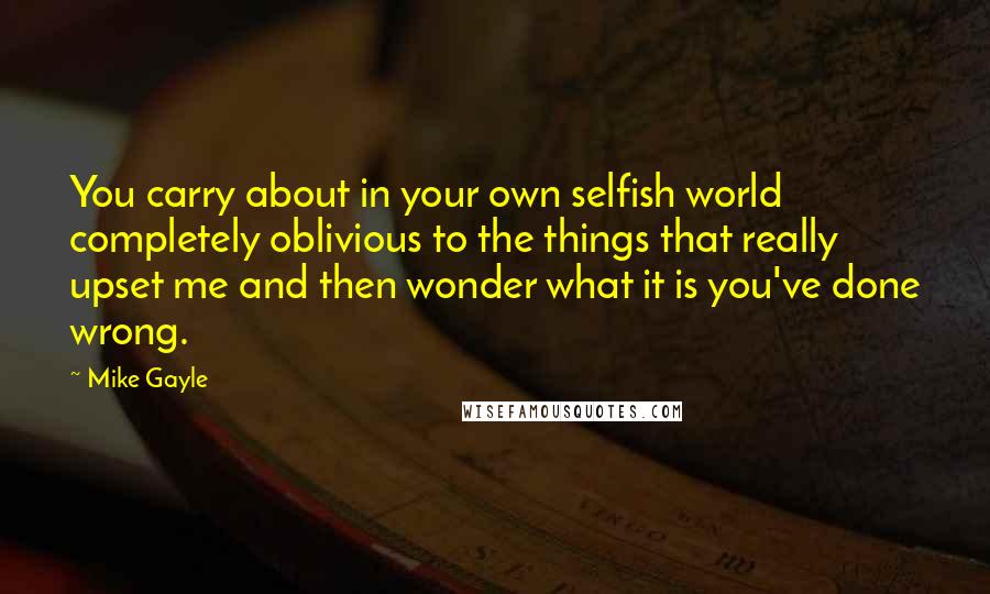 Mike Gayle Quotes: You carry about in your own selfish world completely oblivious to the things that really upset me and then wonder what it is you've done wrong.