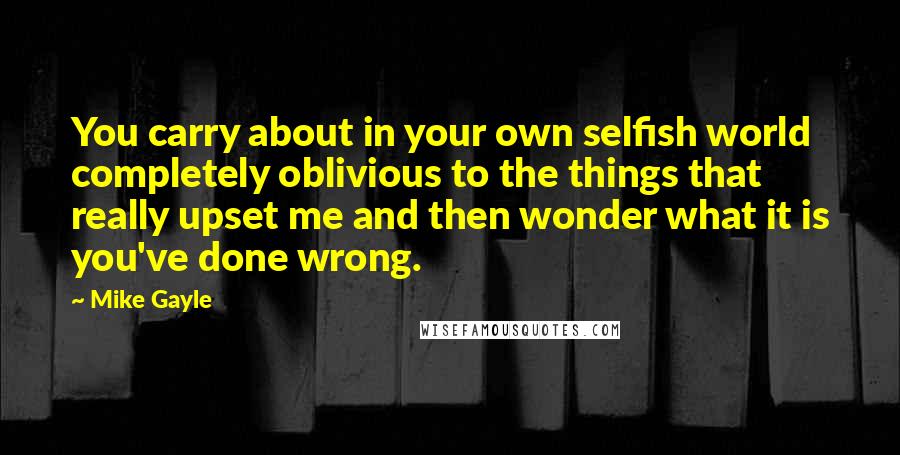 Mike Gayle Quotes: You carry about in your own selfish world completely oblivious to the things that really upset me and then wonder what it is you've done wrong.