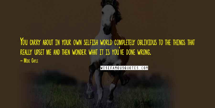 Mike Gayle Quotes: You carry about in your own selfish world completely oblivious to the things that really upset me and then wonder what it is you've done wrong.