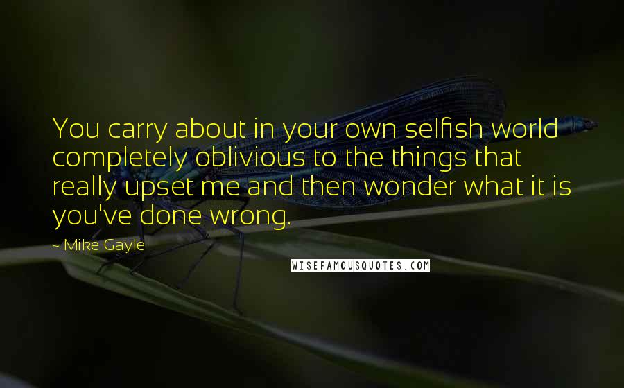 Mike Gayle Quotes: You carry about in your own selfish world completely oblivious to the things that really upset me and then wonder what it is you've done wrong.